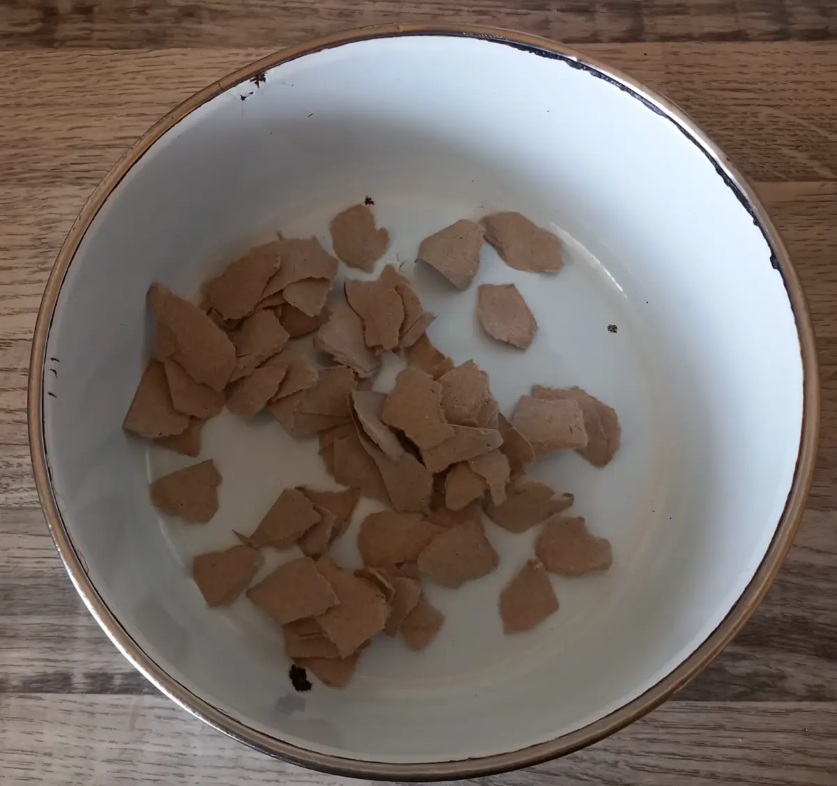 Egy mély tál, amiben egy WC-papír guriga apró darabokra van tépkedve.